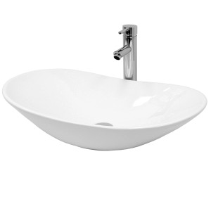 Weißes ECD Germany Design Waschbecken mit Armatur und Ablaufgarnitur.