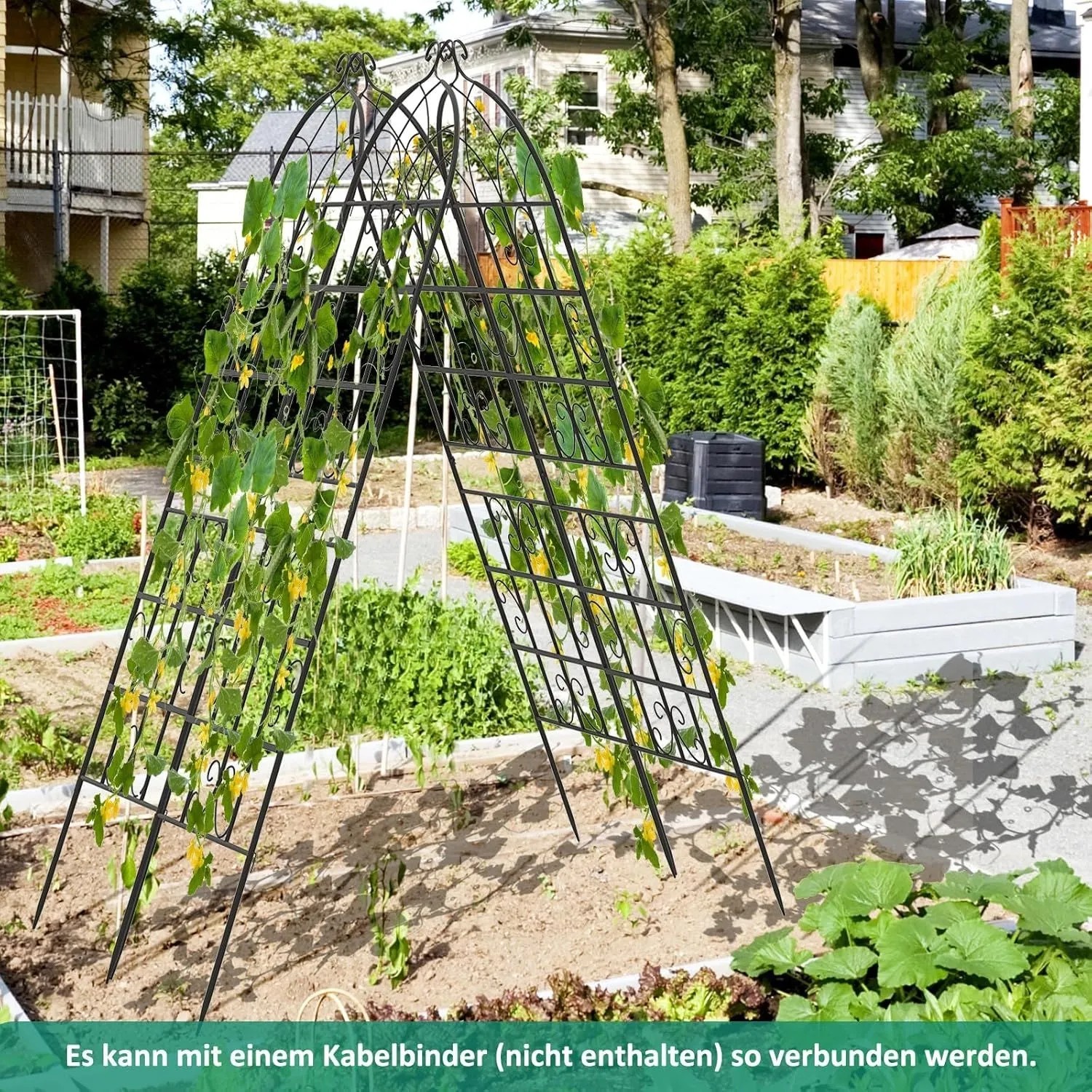 Costway Rankgitter 2er Set aus Metall, schwarz, 180x50cm, mit Pflanzen im Garten.