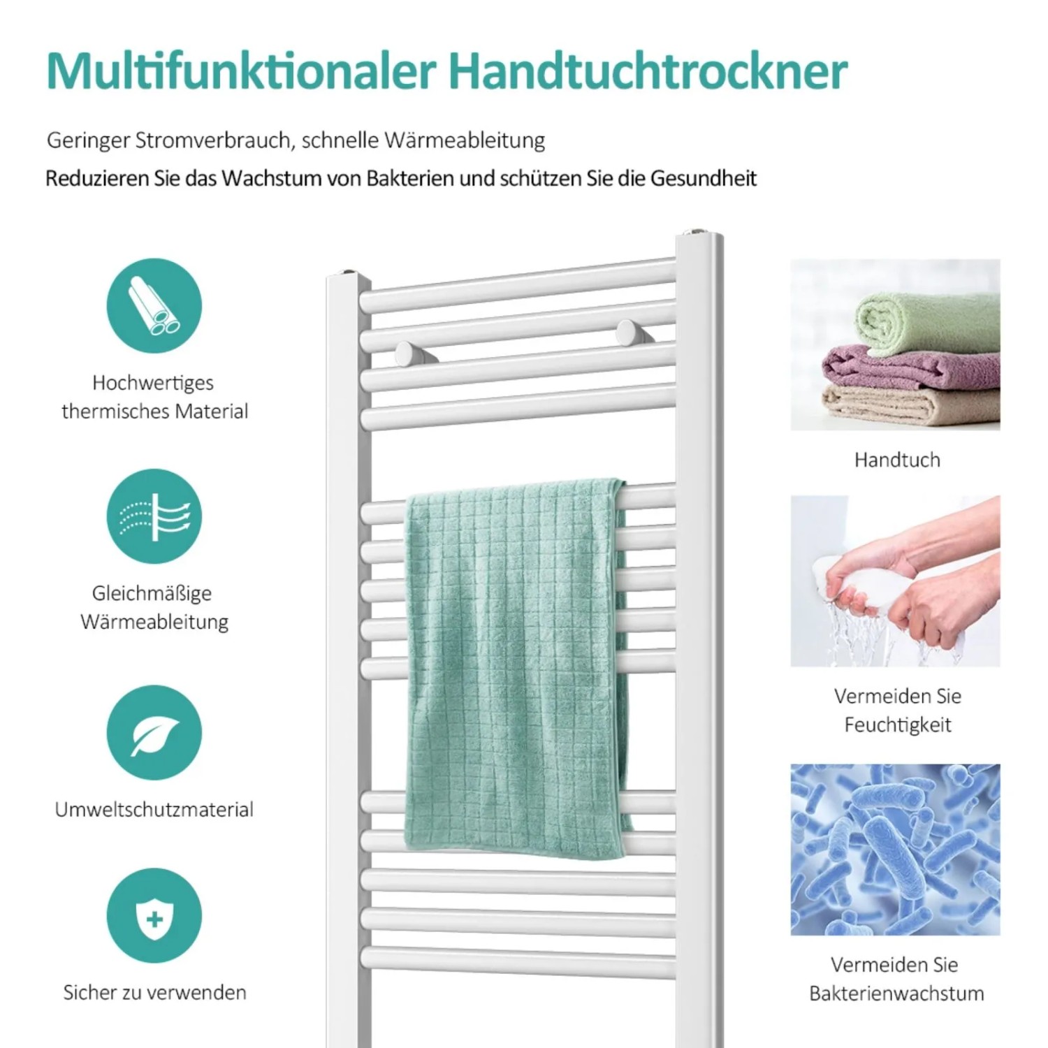 Weißer Emke Badheizkörper Handtuchwärmer mit Handtuch zum Trocknen.