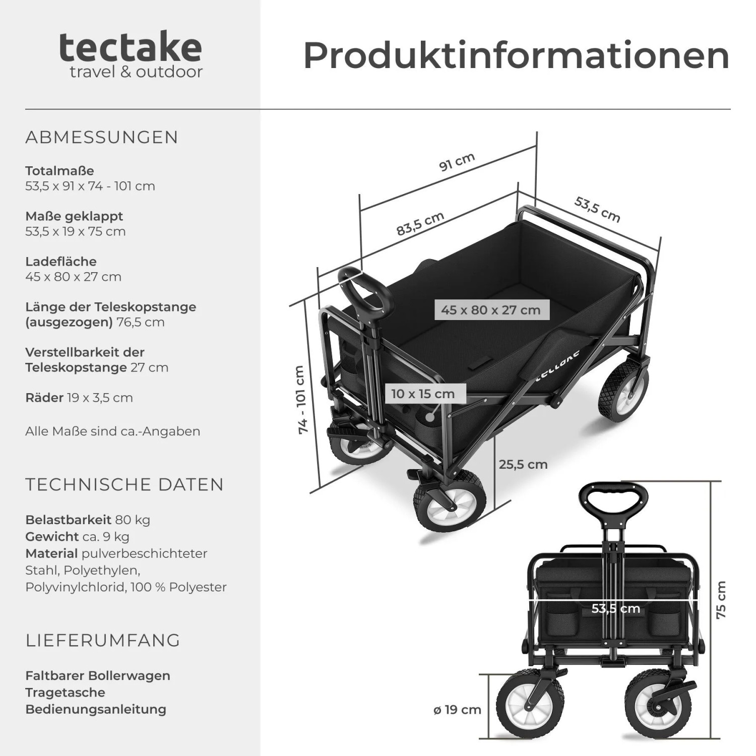 Tectake Bollerwagen Leon Faltbar Mit Bremsen und Gummierten Kunststoffrädern 91 x 53 50 x 101 cm Schwarz_6