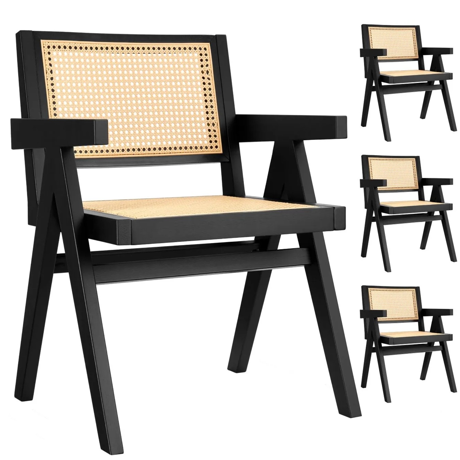 Tectake Armlehnstuhl Lissy Boho Stil Große Rückenlehne und Sitzfläche Mit Wiener Geflecht 4Er Set 56 50 x 59 50 x 82 50 cm Schwarz