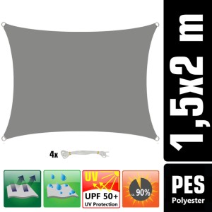 Graues, rechteckiges AMANKA Sonnensegel 1,5x2m aus Polyester. Wasserabweisend, UV-Schutz UPF 50+, inkl. Seile. Für Garten & Balkon.