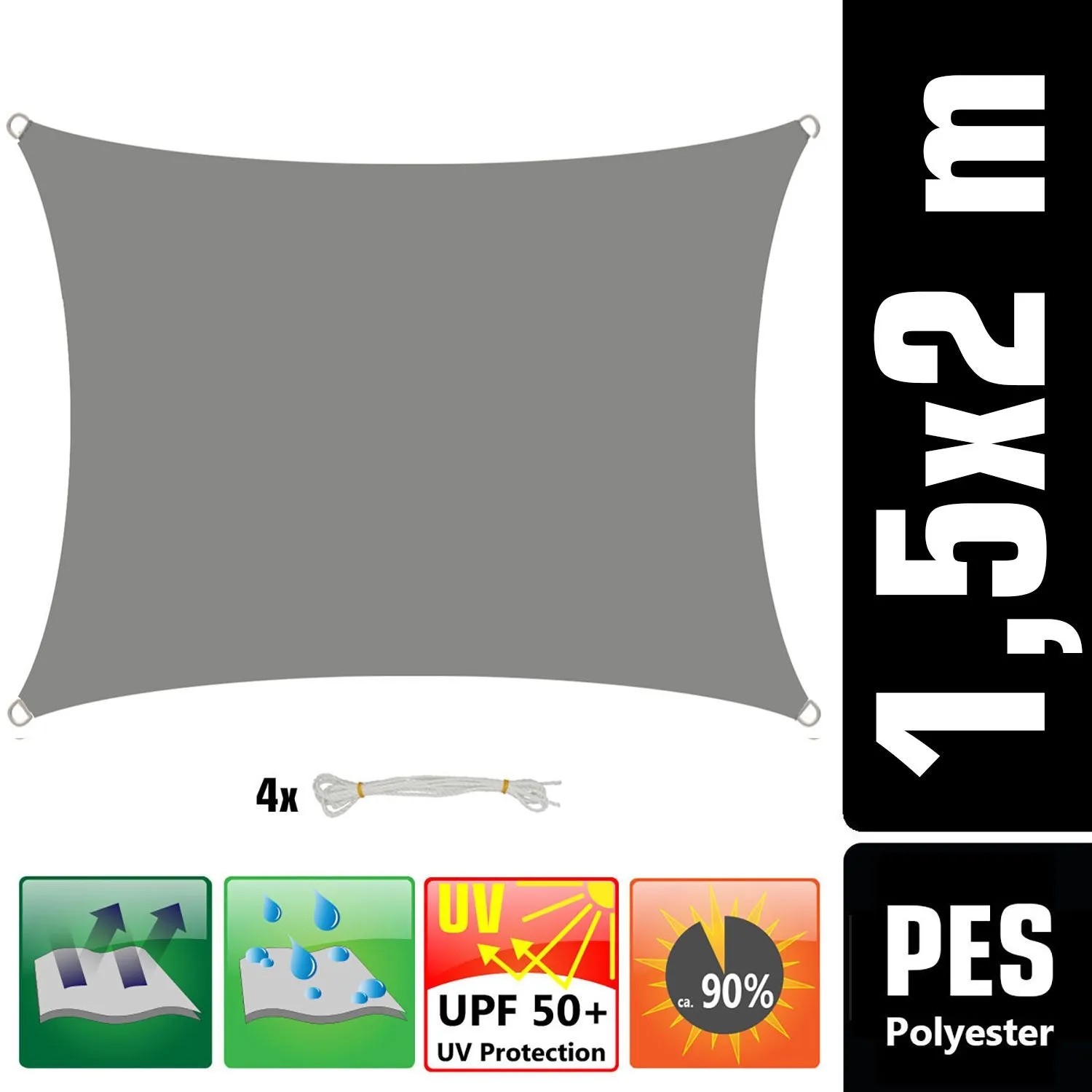 Graues, rechteckiges AMANKA Sonnensegel 1,5x2m aus Polyester. Wasserabweisend, UV-Schutz UPF 50+, inkl. Seile. Für Garten & Balkon.
