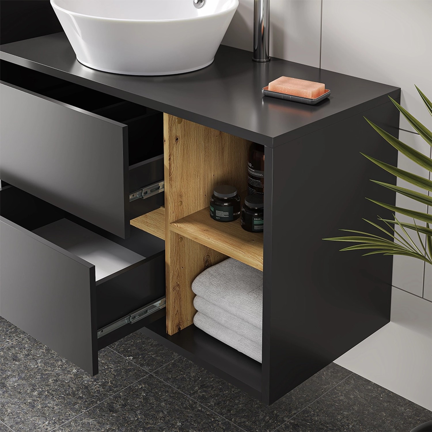 Vicco Badmöbel-Set Viola, 4-teilig in Anthrazit/Eiche Optik mit Waschbecken und Stauraum.