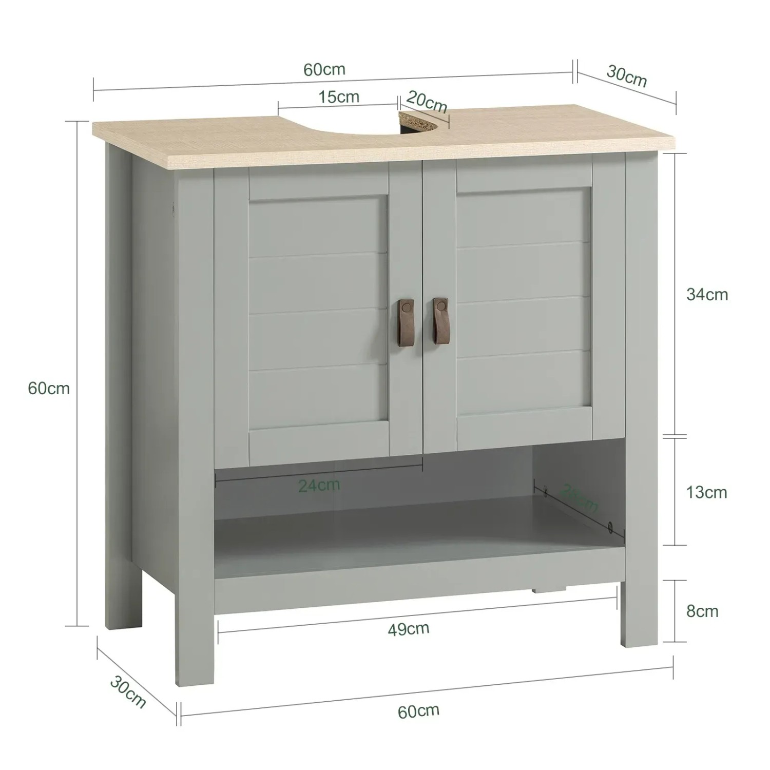 SoBuy Waschbeckenunterschrank Badschrank mit 2 Türen und 1 Fach 60x60x30cm Grau BZR69-HG_5