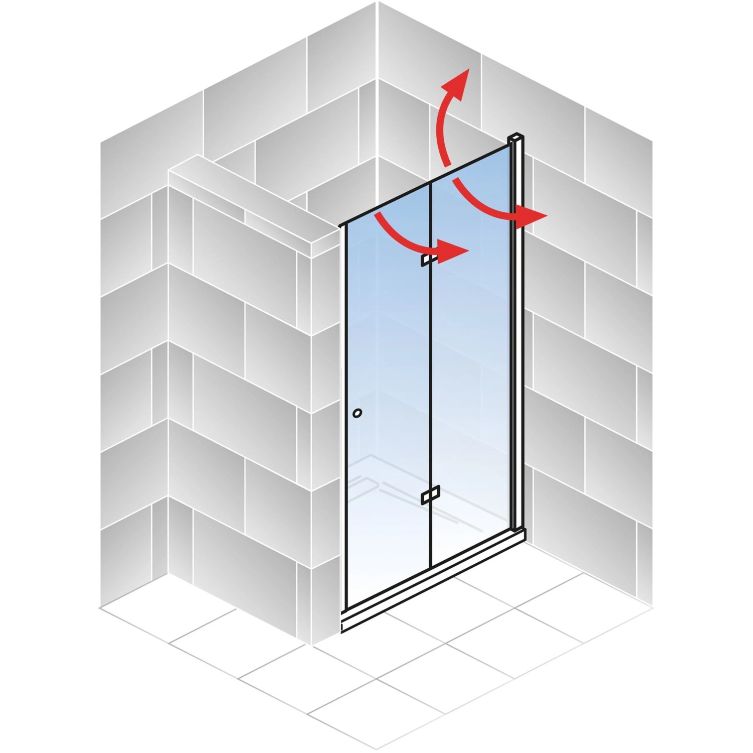 Schulte ExpressPlus Drehfalttür in Chromoptik, 200x90 cm, mit roten Pfeilen, die die Drehfunktion darstellen.
