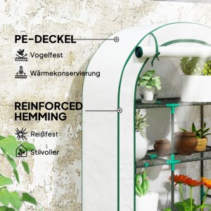 Weißes Furnicato Mini-Gewächshaus, 4-stufig, mit Pflanzen auf Drahtregalen unter UV-beständiger Kunststoffabdeckung.