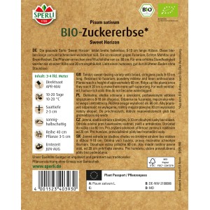 Sperli Bio Zuckererbse Sweet Horizon Samenpackung, eine widerstandsfähige Sorte mit süßen, fadenlosen Hülsen.