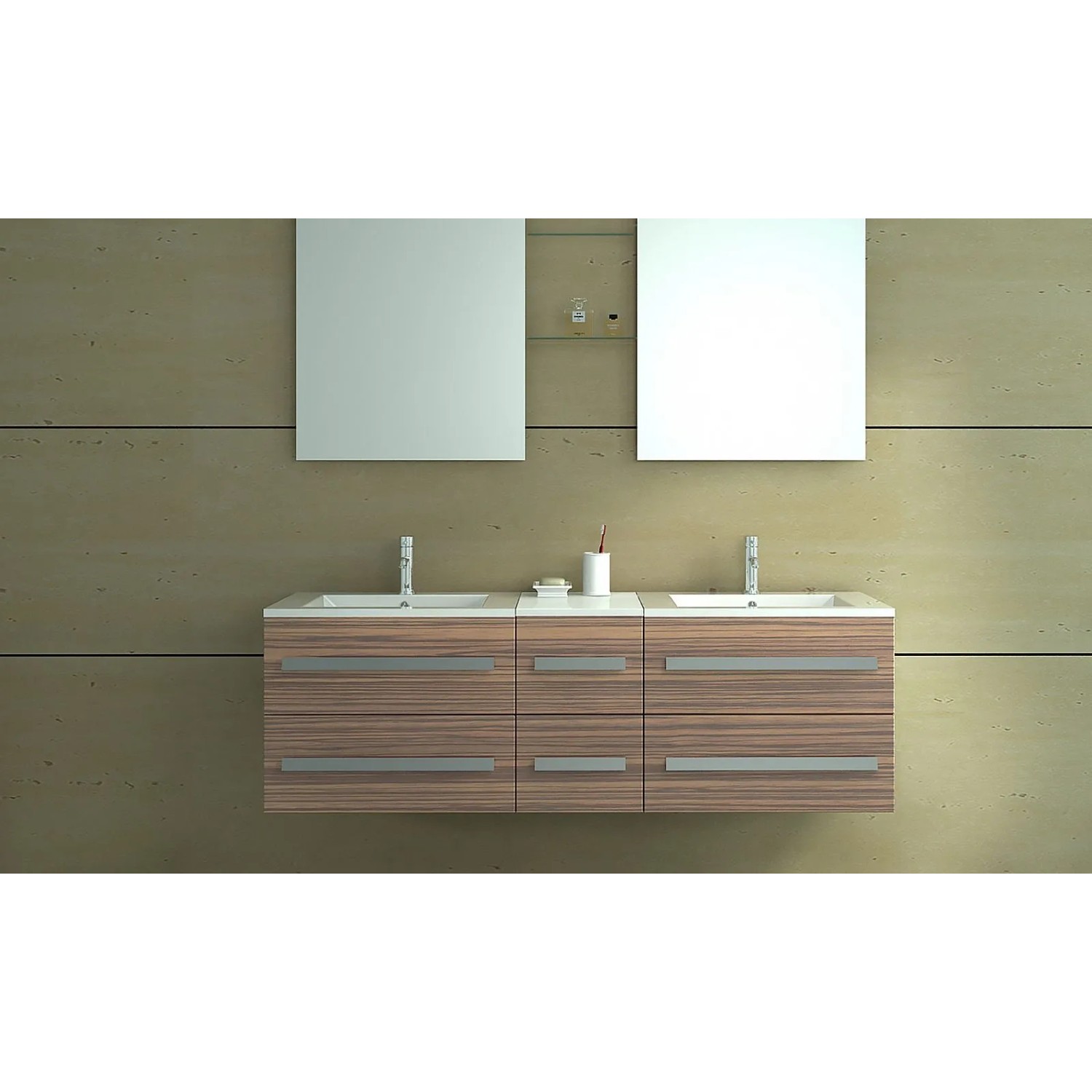 Badmöbel-Set Zürich II 150 cm in Zebra/Holzoptik Dunkel mit zwei Spiegeln.