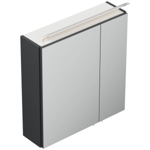 Grafitfarbener Posseik Spiegelschrank 60 cm mit 2 Spiegeltüren und aufgesetzter LED-Lampe für das Badezimmer.