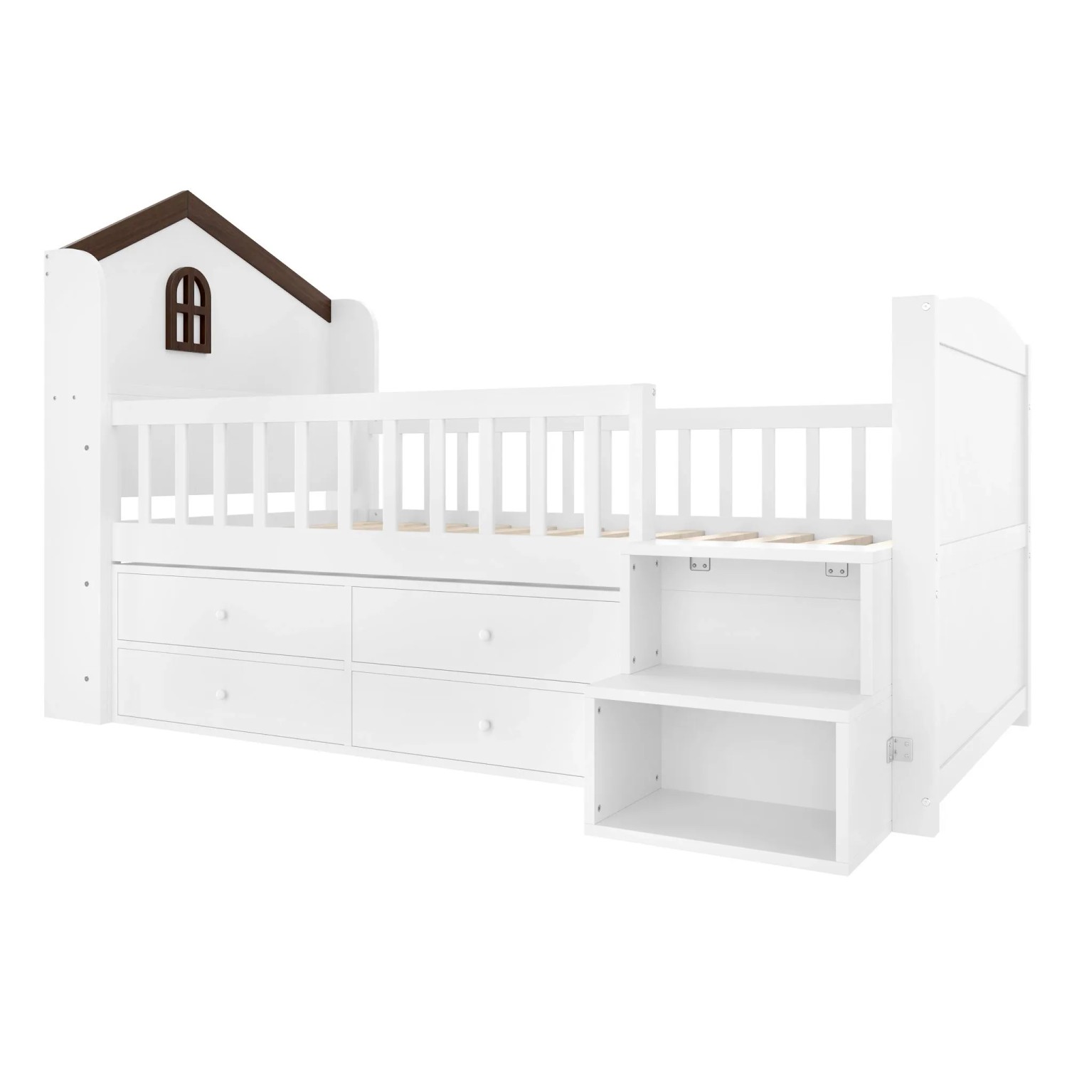 okwish Halbhohes Bett 90x200cm mit Hausform und 4 Schubladen Weiß ohne Matratze