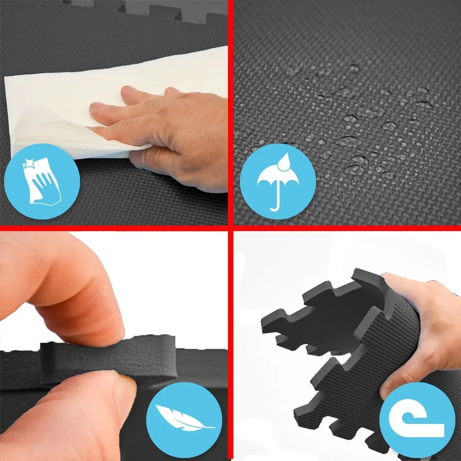 eyepower Bodenschutzmatten, 18er Set, schwarz. Detailansicht der wasserdichten, pflegeleichten und flexiblen Eigenschaften.