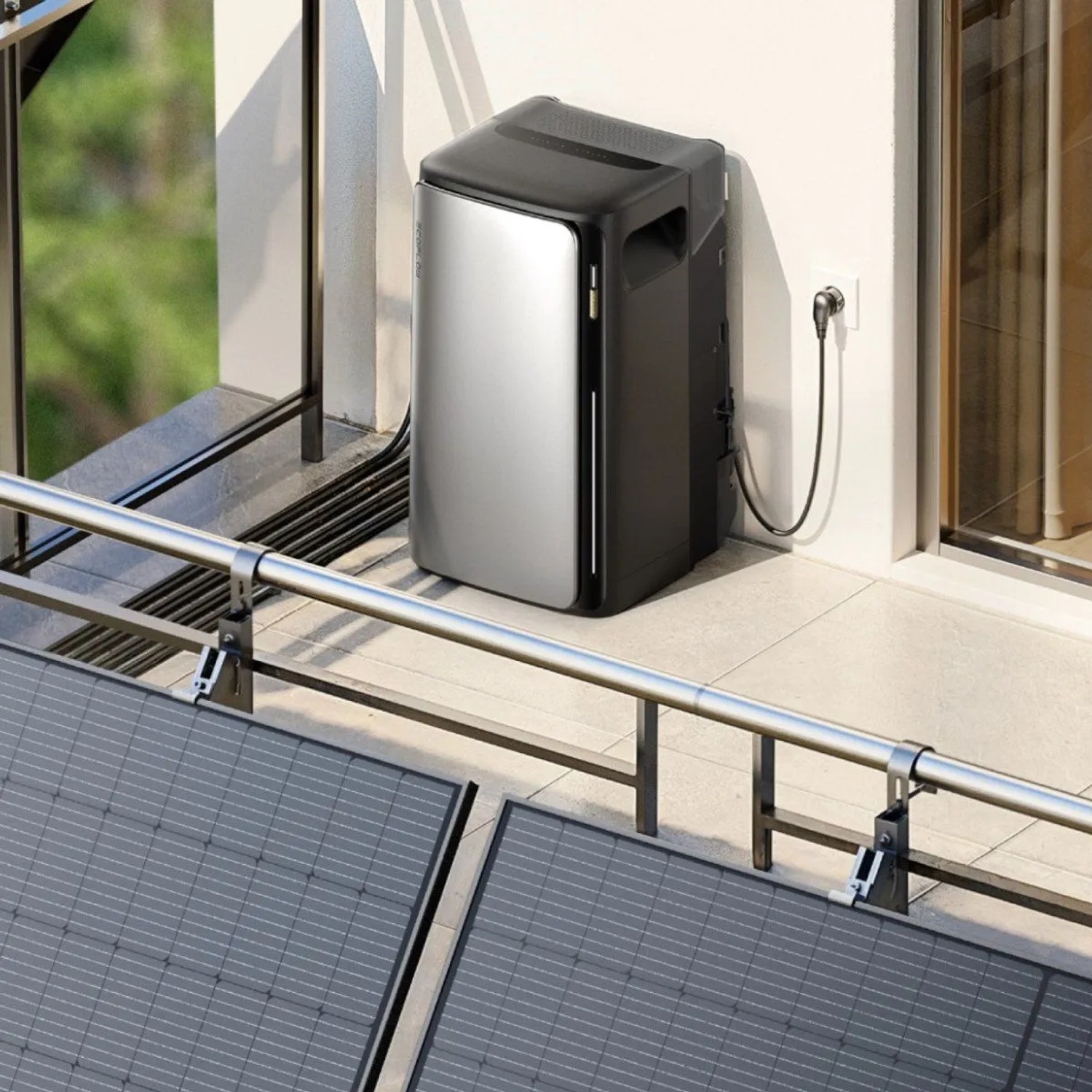 EcoFlow Stream Ultra Balkonkraftwerk Speicher mit Solarmodulen auf Balkon, 1,92 kWh, Full Black Optik.