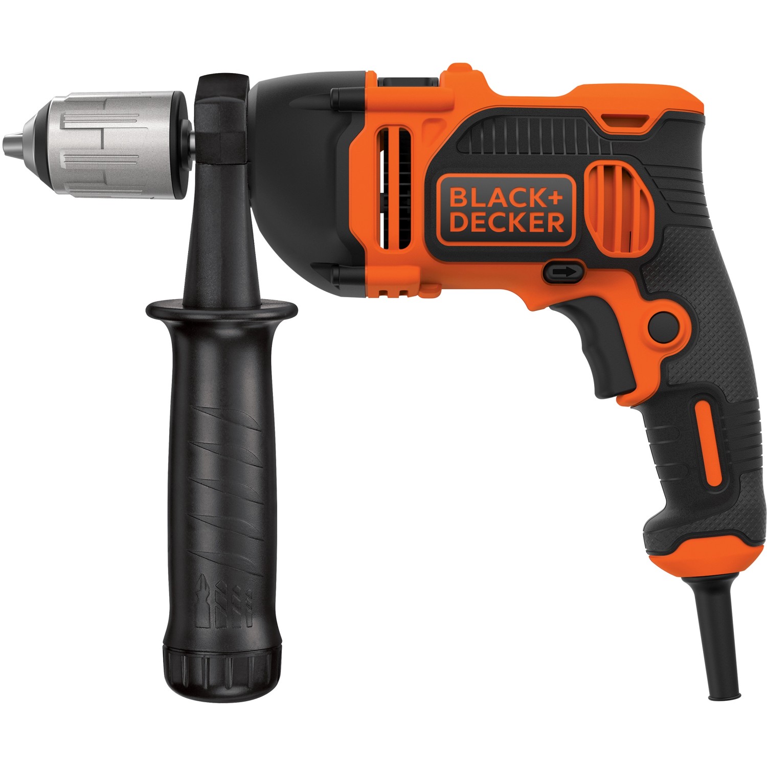 Black+Decker Schlagbohrmaschine BEH850K mit Zusatzhandgriff, schwarz und orange.