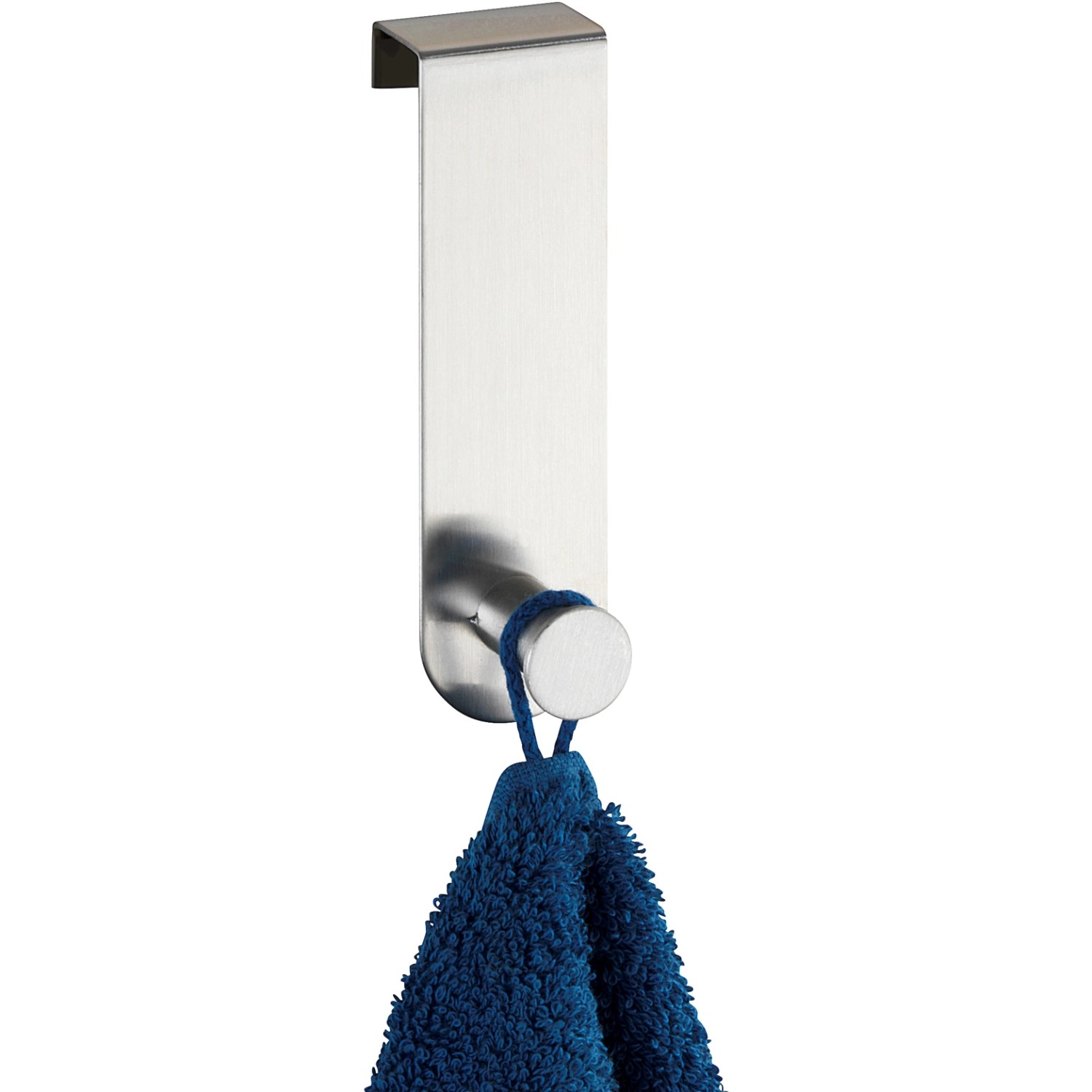 Wenko Türhaken Celano aus Edelstahl mit blauem Handtuch.