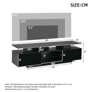 Schwarzer Merax TV-Schrank 160x40x45 cm mit 2 Schränken und Ablagefächern. Maße und TV-Kompatibilität für Wohnzimmer.