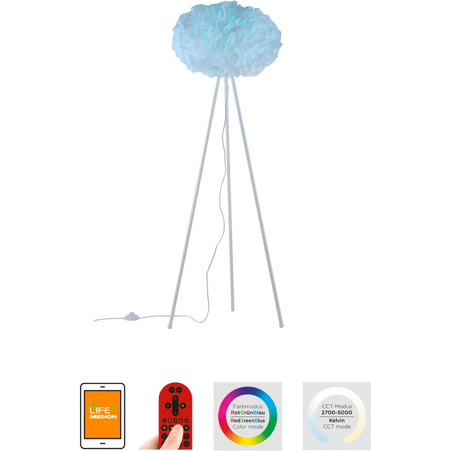 Weiße LED-Stehlampe LOLAsmart-Naomi von Just Light, 140 cm hoch, mit Stoffschirm und drei Beinen.