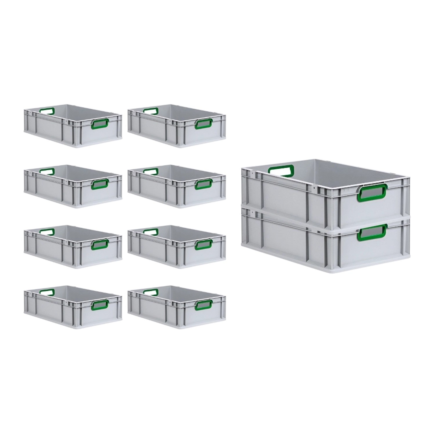 PROREGAL Spar Set: 10 graue Euroboxen mit grünen Griffen, 34 Liter, glatter Boden.