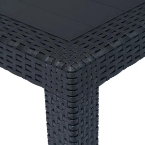 Detailansicht: Anthrazitfarbener Gartentisch in Rattan-Optik aus Kunststoff.