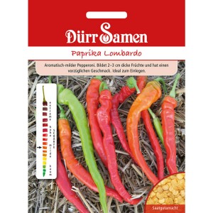 Dürr Samen Paprika Lombardo Saatgut Packung mit roten und grünen Pepperoni.
