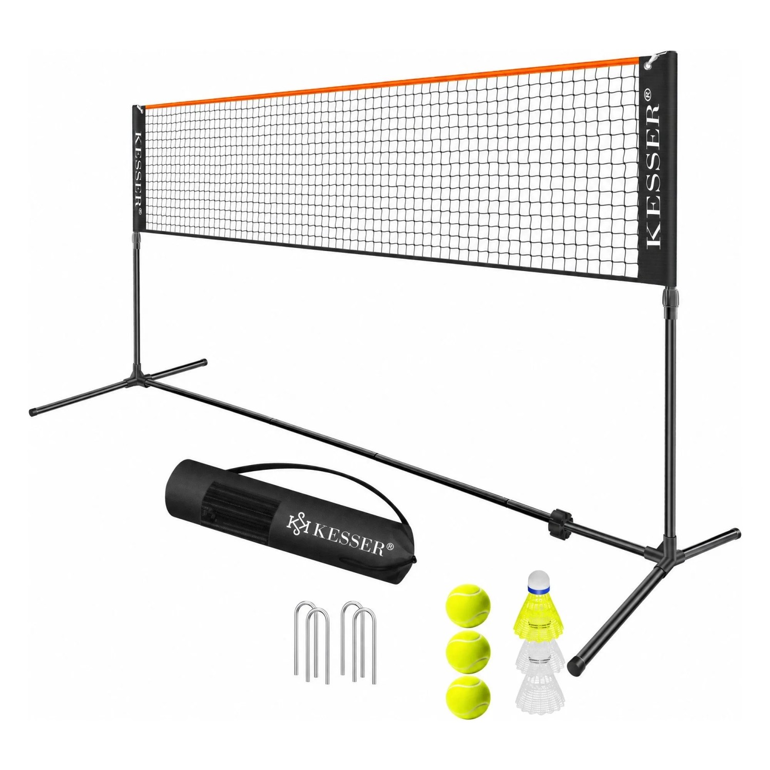 KESSER Badmintonnetz 3fach Höhenverstellbar 300 cm Schwarz inkl. 3 Federbälle