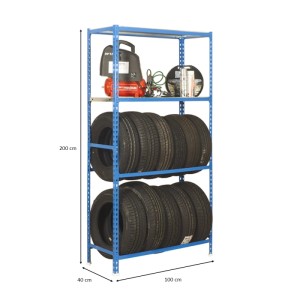 Blaues PROREGAL Reifenregal Metal Shark mit 2 Ebenen, Reifen und Ablagefläche. Ideal für Garage und Werkstatt.