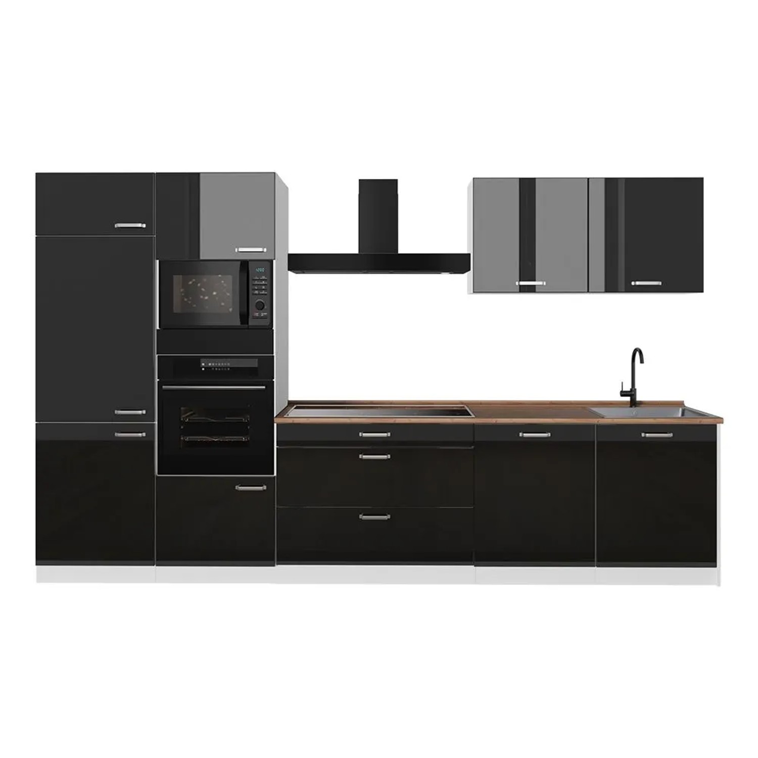 Vicco Küchenzeile R-Line Schwarz Hochglanz/Weiß 340 x 207 Arbeitsplatte Goldkraft Eiche Art Nr 66590