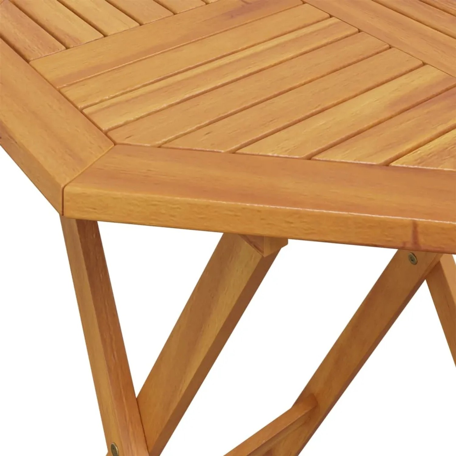 Detailansicht Bistrotisch aus Akazienholz, Teil des 3-tlg. Gartenmöbel Sets.