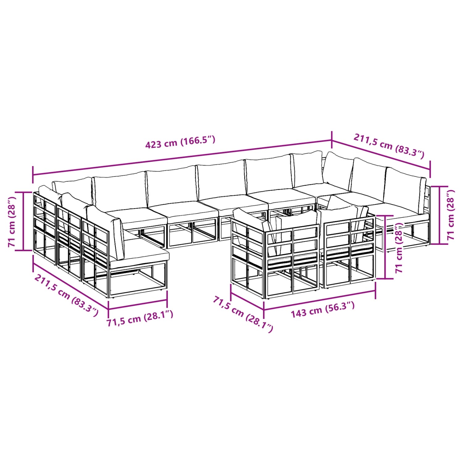 vidaXL Garten-Sofa-Set, 12-teilig, schwarz, Aluminium, mit Maßen. Ideal für Terrasse und Garten.