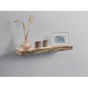 Weißes Holz-Wandregal Carlton (60 cm) mit Deko an grauer Wand.