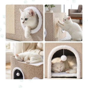 Beige faltbare Katzenhöhle aus Karton mit Sisal-Kratzbrett. Katze schläft, spielt und kratzt.