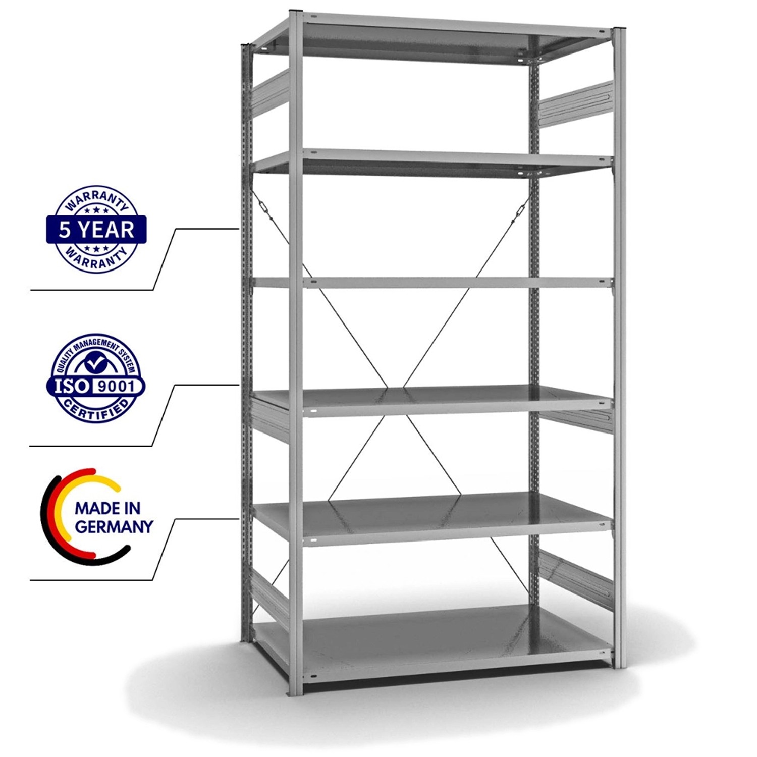 Verzinktes PROREGAL Fachbodenregal mit 6 Ebenen, 250x130x80 cm, Fachlast 240 kg, einseitig nutzbar.