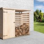 Weka Multifunktions-Schrank, 240x90cm, aus Holz mit Tür und offenem Lagerbereich, gefüllt mit Holzscheiten.