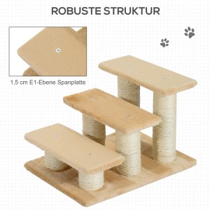 PawHut Tiertreppe mit 3 Stufen für Hunde und Katzen, beige Plüsch und Sisal.