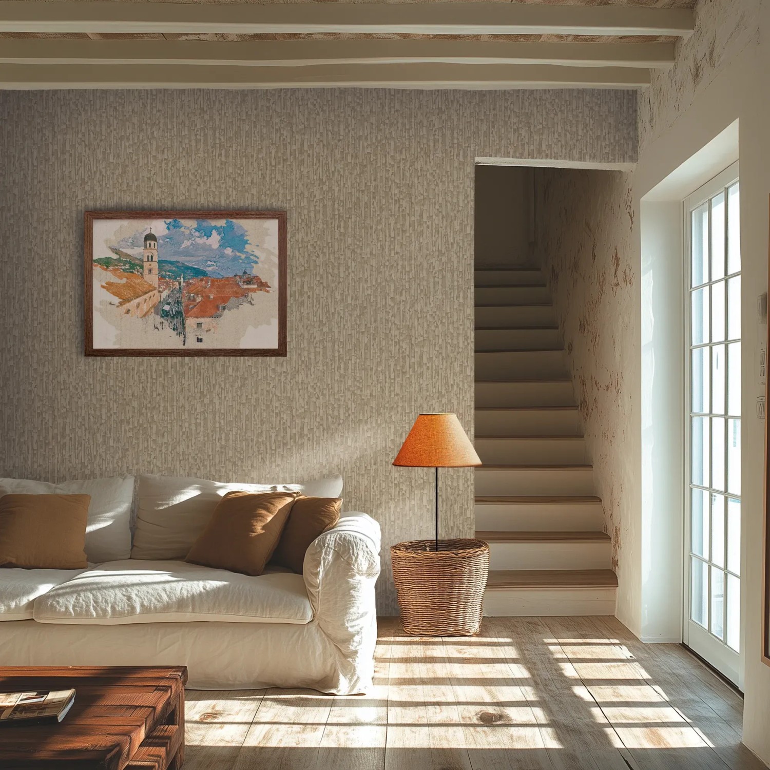 Beige-graue A.S. Creation Vliestapete Modern im Wohnraum mit Couch und Treppe.
