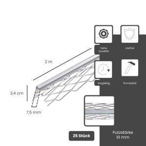 Protektor Kantenprofil für Innenputz, 25 Stück, 200cm, Edelstahl silber, für stabile Wandkanten.