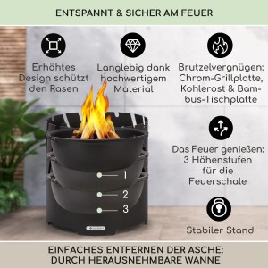 Blumfeldt Crown Feuerschale mit Grillrost und Bambusplatte, 46 cm, schwarz.