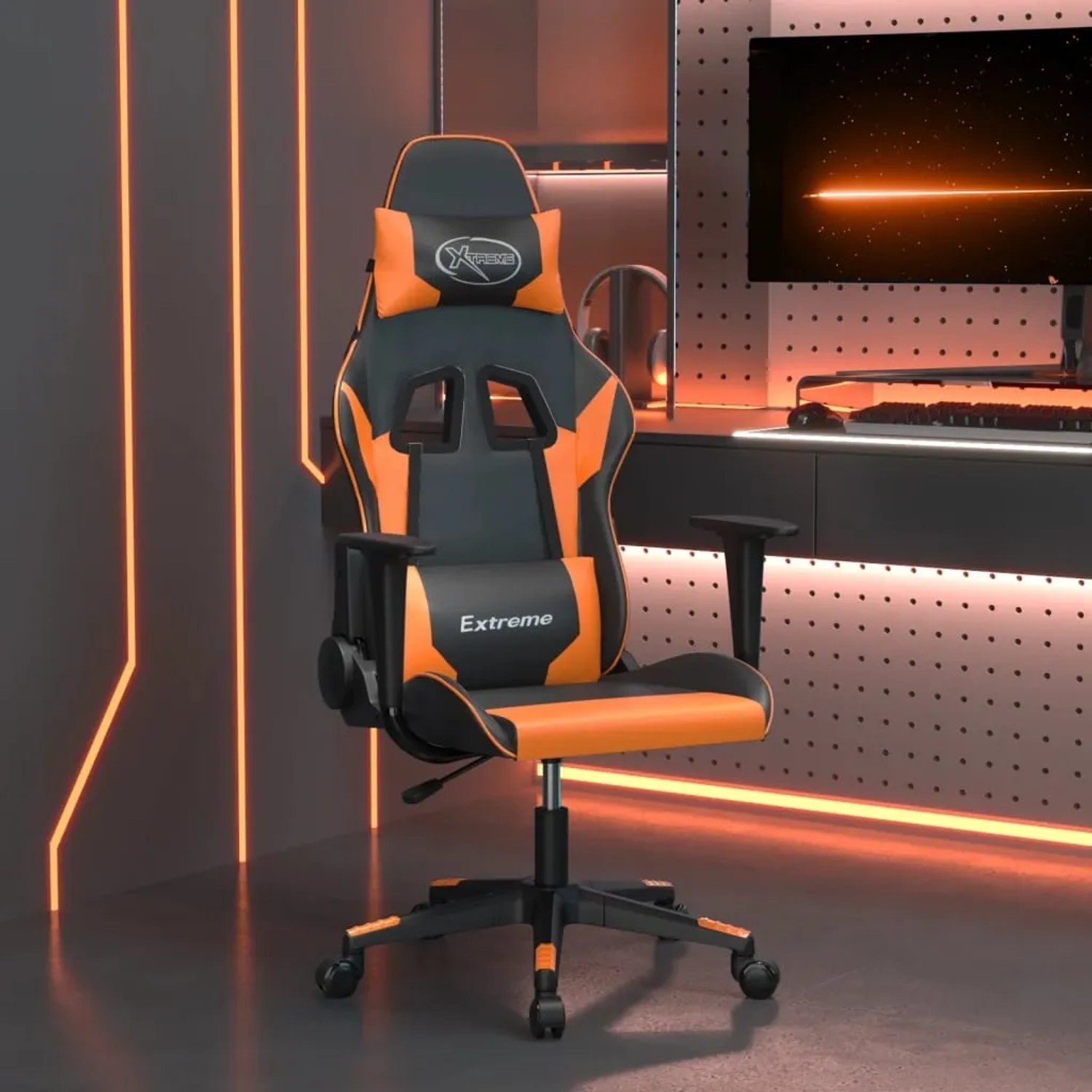 Gaming-Stuhl in Schwarz-Orange mit Massagefunktion. Bürostuhl aus Kunstleder, höhenverstellbar und drehbar.