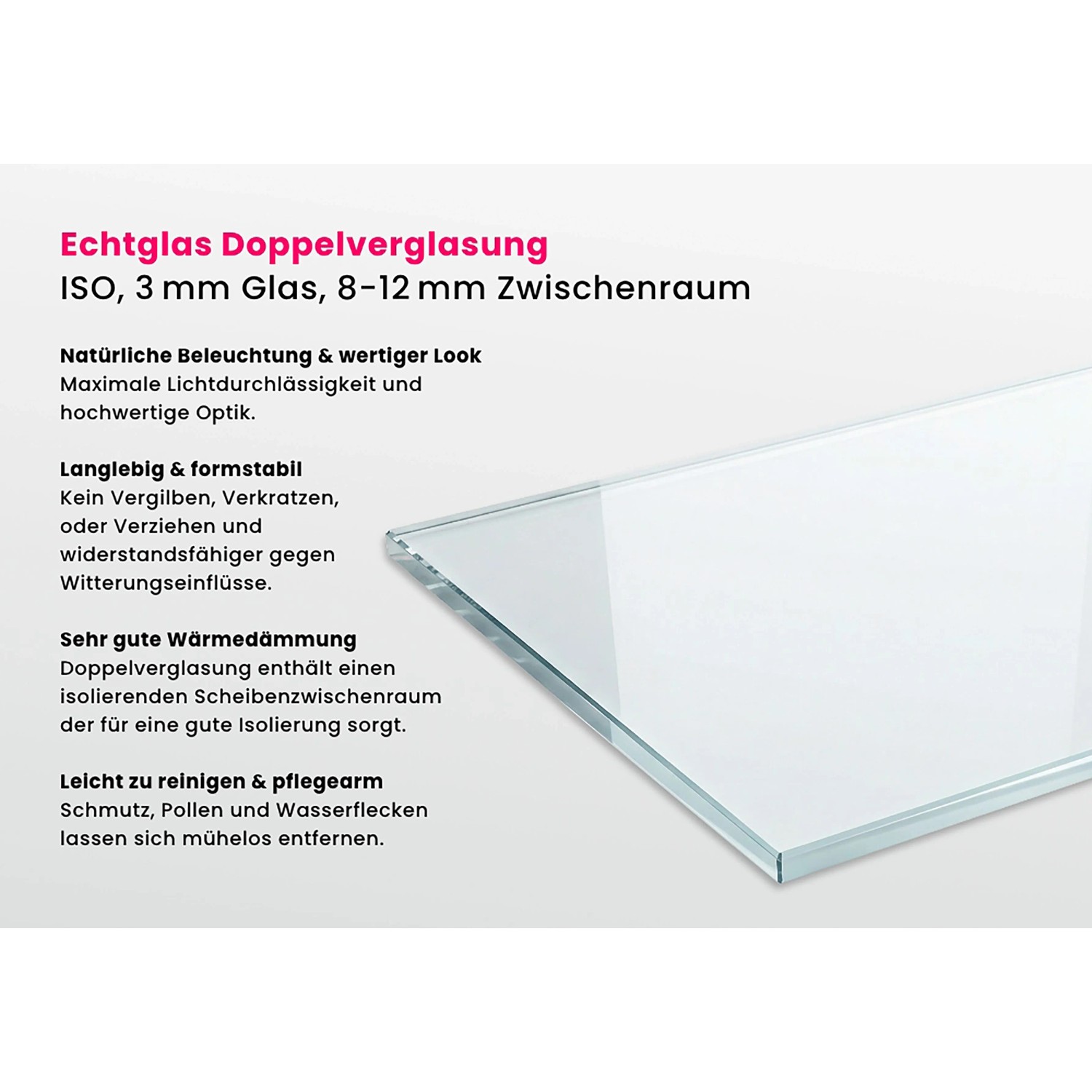 Nahaufnahme einer klaren Echtglas Doppelverglasung mit 3 mm Glasstärke und 8-12 mm Zwischenraum.
