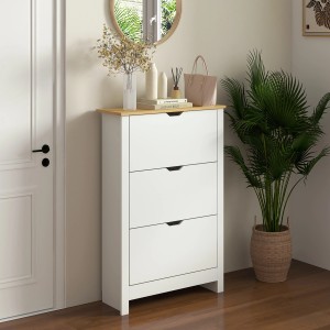 Weißer HOMCOM Schuhschrank mit 3 Klappen und Holzplatte. Schuhkommode aus Spanplatte und MDF.