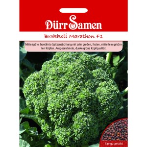 Dürr Samen Brokkoli Marathon F1: Saatgut-Packung mit reifem, dunkelgrünem Brokkoli.