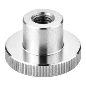 Silberne Rändelmutter M8 aus Edelstahl V2A, hohe Form, mit geriffelter Kante für optimalen Griff.