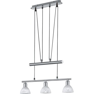 Nickel-matte Trio LED-Pendelleuchte Levisto mit drei alabasterfarbenen Glasschirmen.