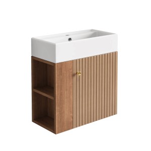 Hängendes Badmöbel Set 55 cm in Braun mit weißem Waschbecken, 3D-Front, offenen Regalen. Moderner Waschtischunterschrank.