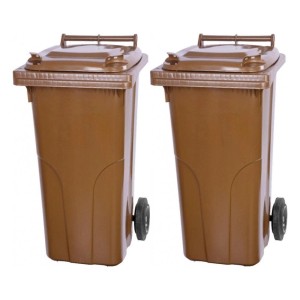 2 braune 120L Mülltonnen aus HDPE-Kunststoff mit Rädern, PROREGAL SuperSparSet.