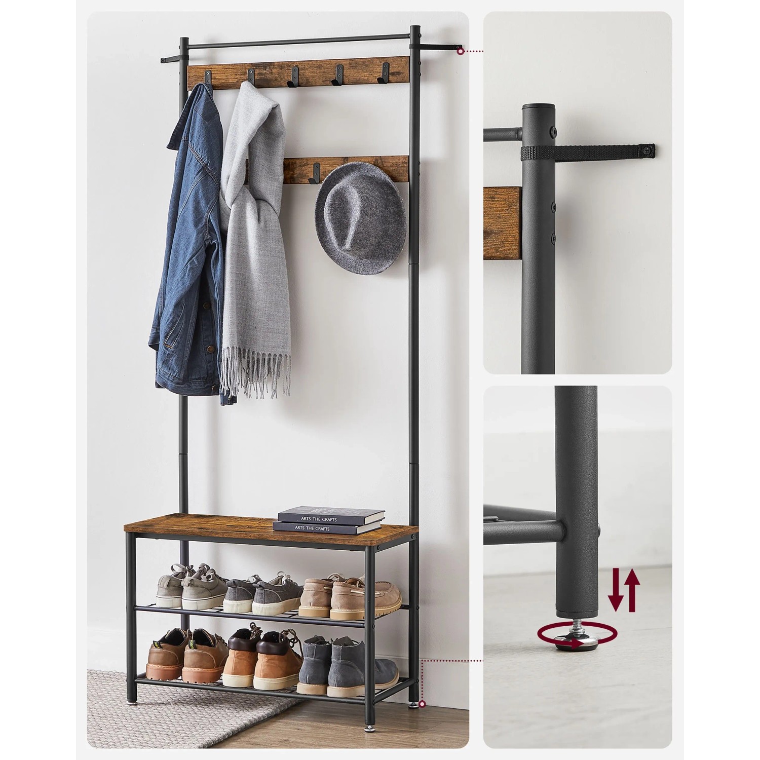 Songmics Garderobenständer Dacey mit Schuhbank, Haken, braun-schwarz. Flurgarderobe mit Sitzbank und Ablagen.