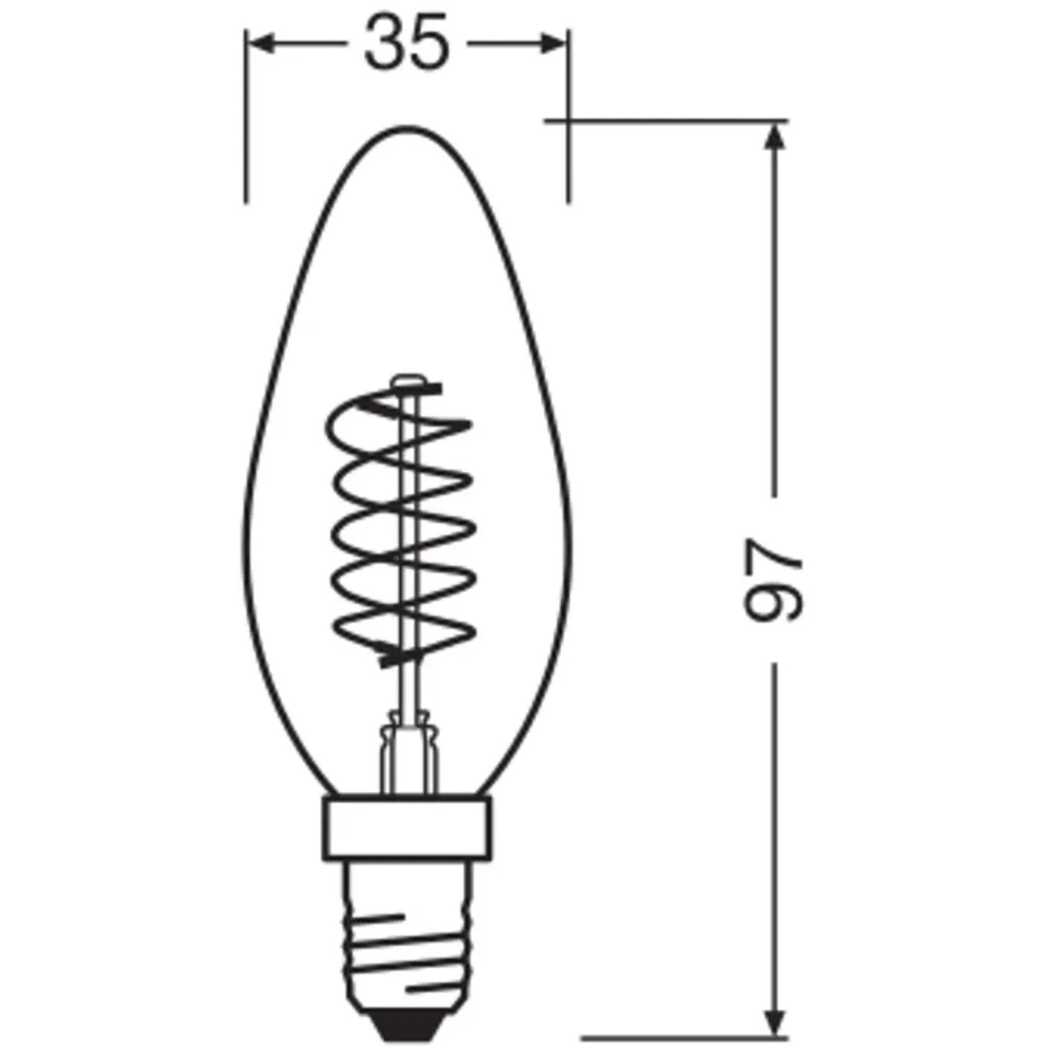 Technische Zeichnung: Osram LED E14 Leuchtmittel in Kerzenform mit Maßen 9,7 x 3,5 cm.