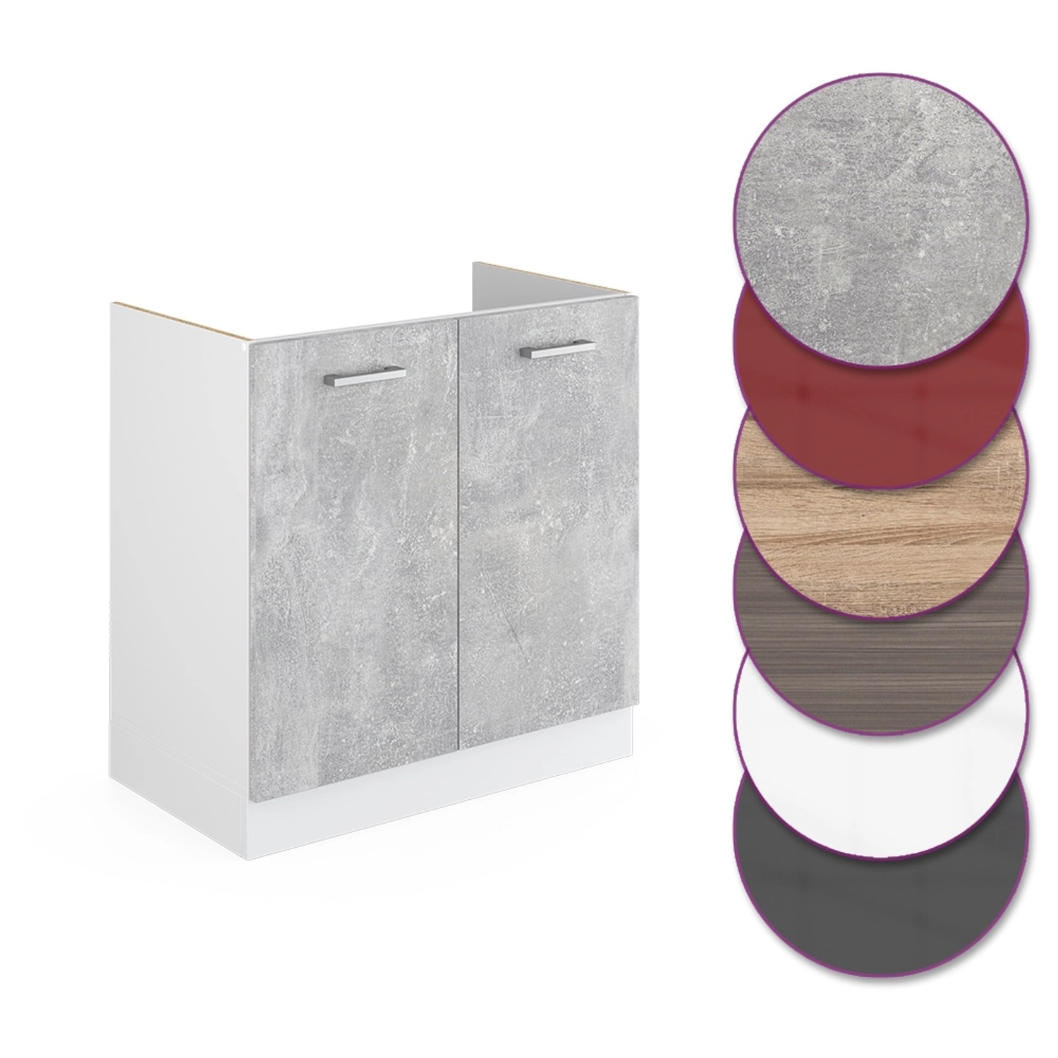 Vicco Spülenunterschrank R-Line in Beton/Weiß, 80 cm breit. Küchenunterschrank ohne Arbeitsplatte.