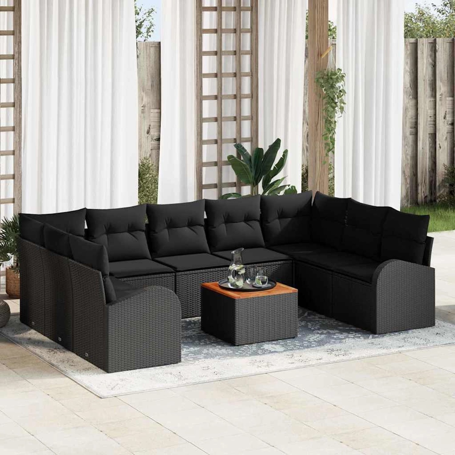 Schwarzes 10-tlg. vidaXL Garten-Sofa-Set aus Rattan mit Tisch für Terrasse und Garten.