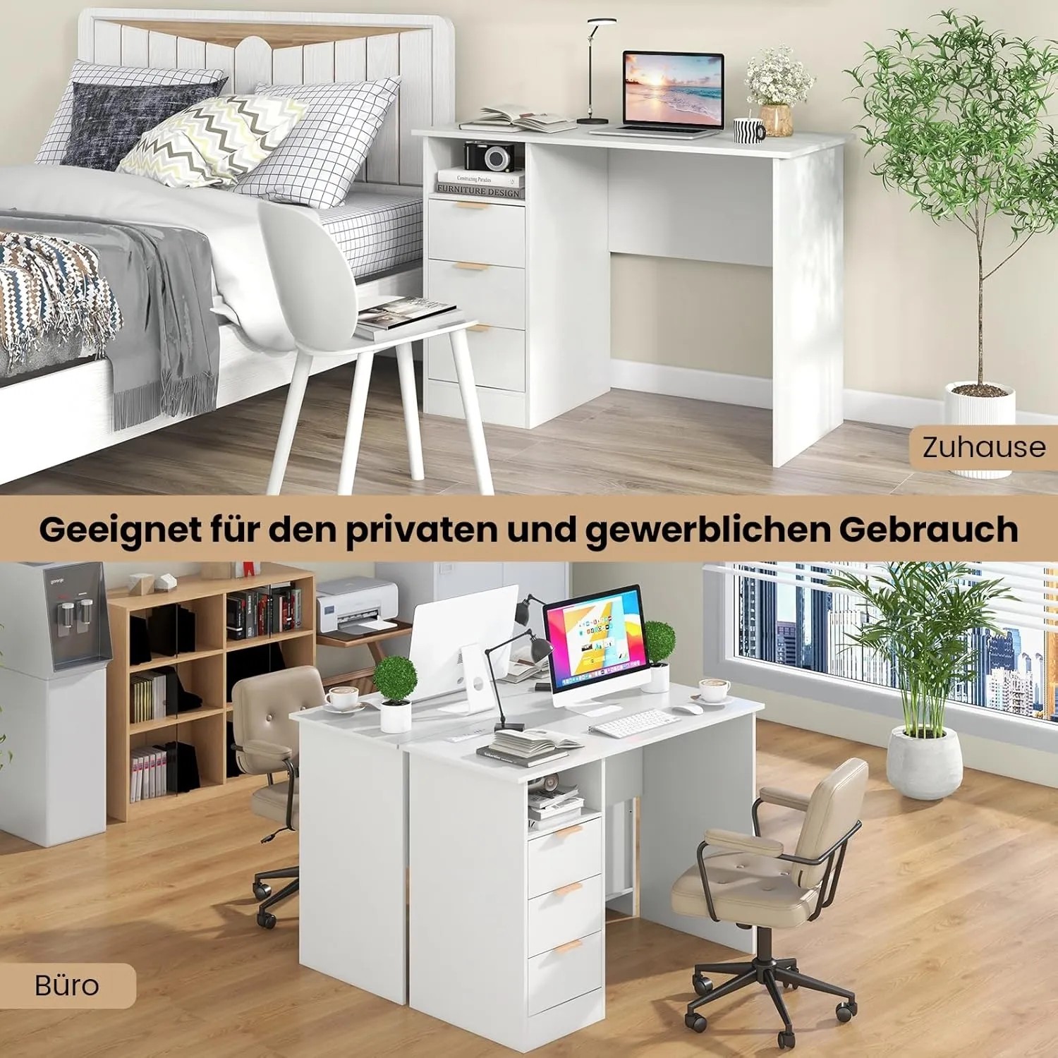Costway Schreibtisch mit 3 Schubladen und Ladestation Weiß_4